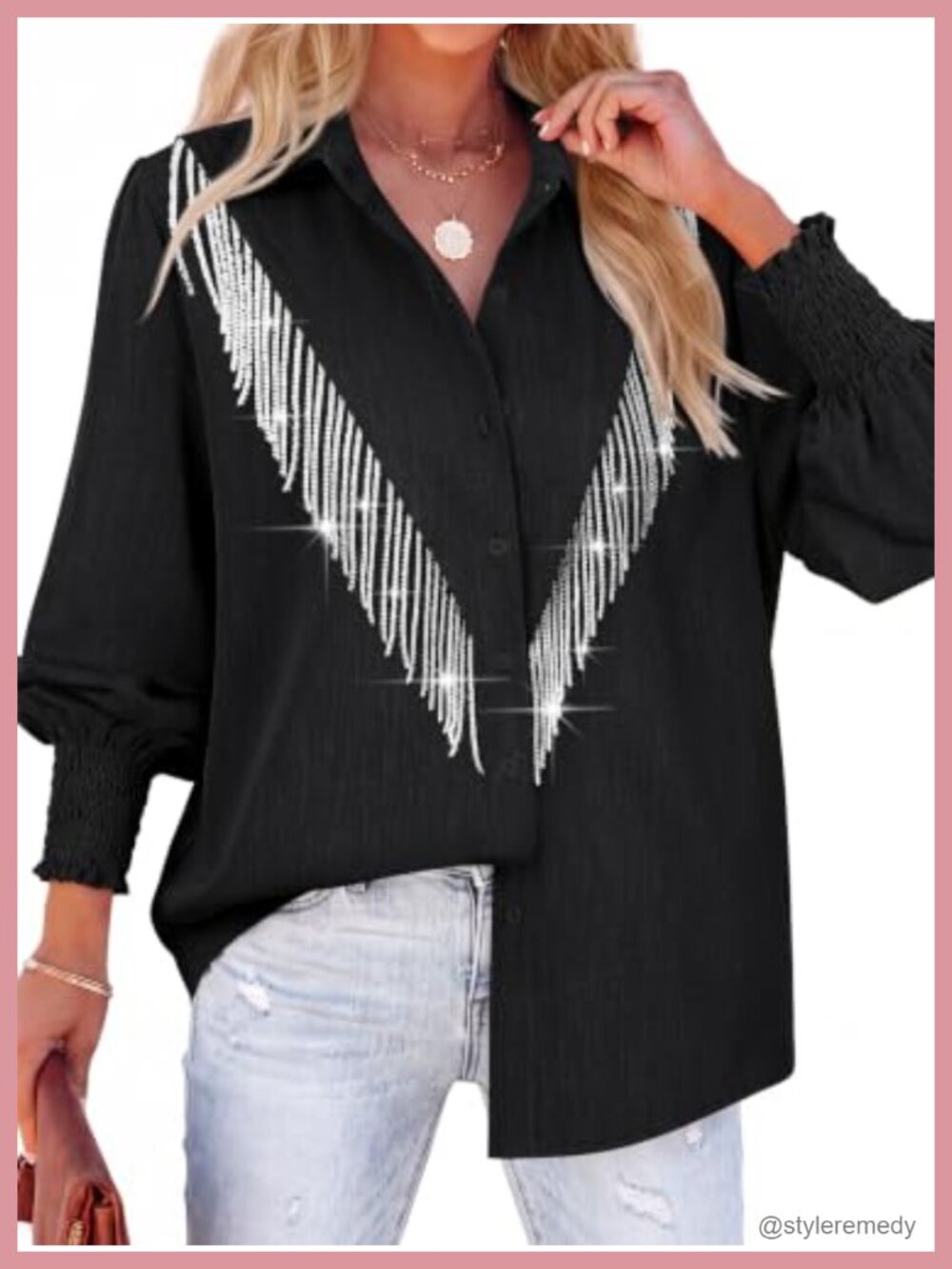 MYMORE Western Cowgirl Fringe Shirt Sparkly Tassel Rodeo Top